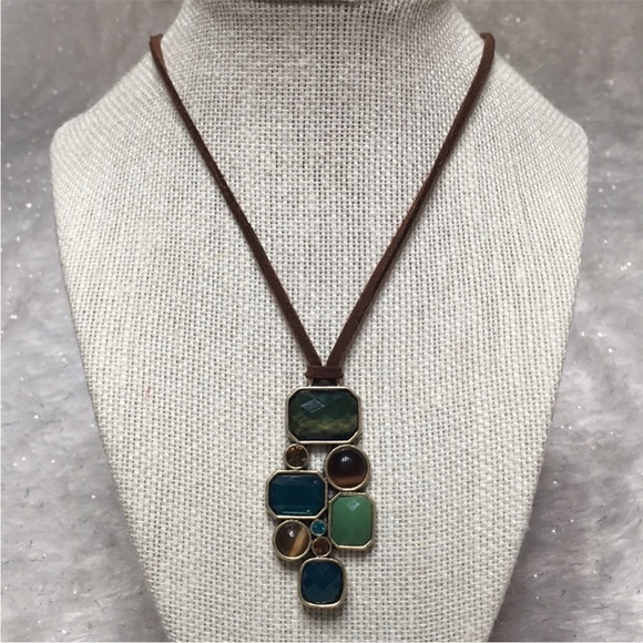 Lia Sophia Multi Stone Necklace on Brown Suede. - Picture 3 of 8